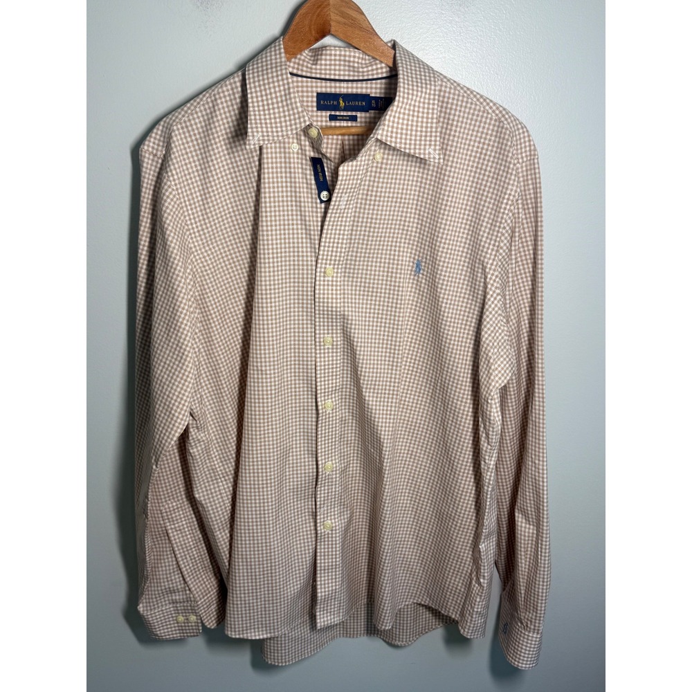 Ralph Lauren Mens XL Non-Iron Gingham Dobby Button Down Shirt Tan White NWOT